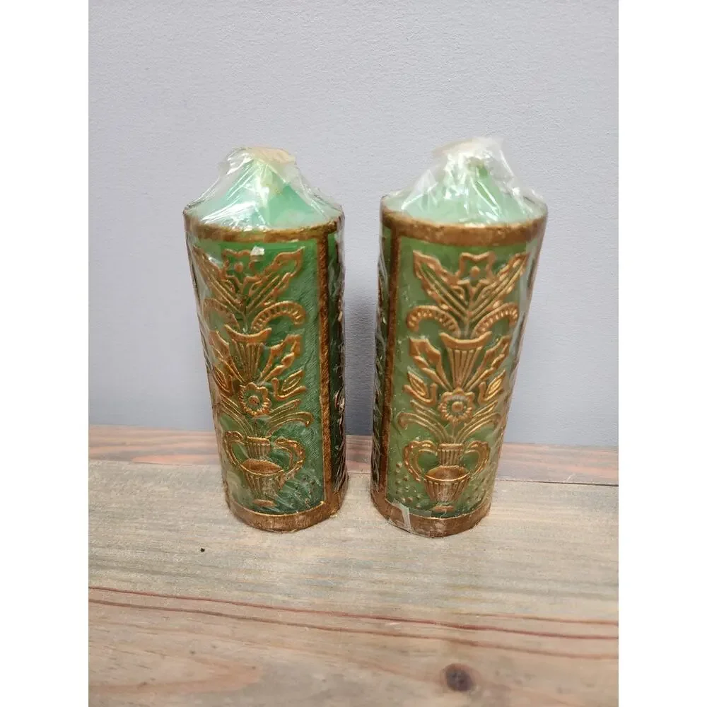 Vtg Pillar Candles Embossed Green Black Radiant Orig British Hong Kong 6